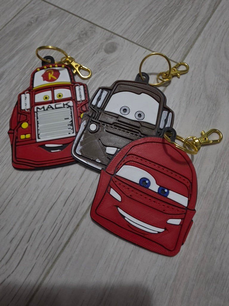 Cars inspired character keyrings featuring Mack, Mater and Lightning McQueen