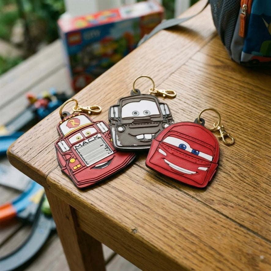 Cars inspired character keyrings featuring Mack, Mater and Lightning McQueen