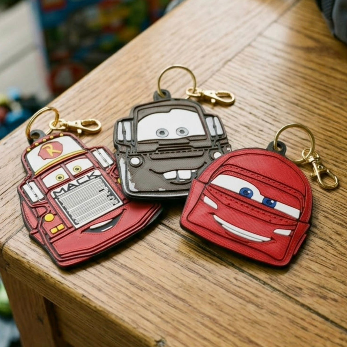 Cars inspired 3D printed keyrings featuring Mack, Mater and Lightning McQueen