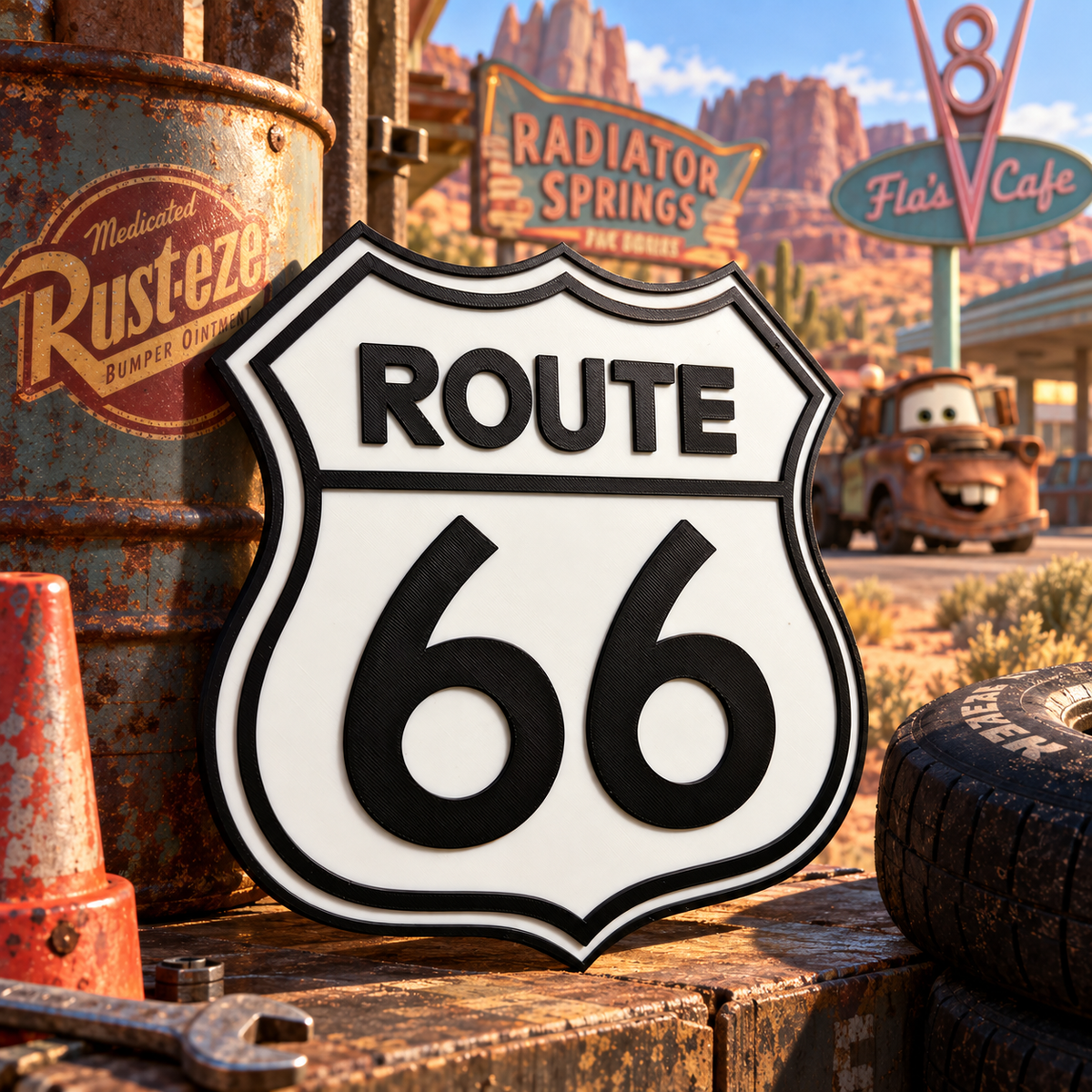 Cars Route 66 Inspired 3D Printed Sign themed promotional image