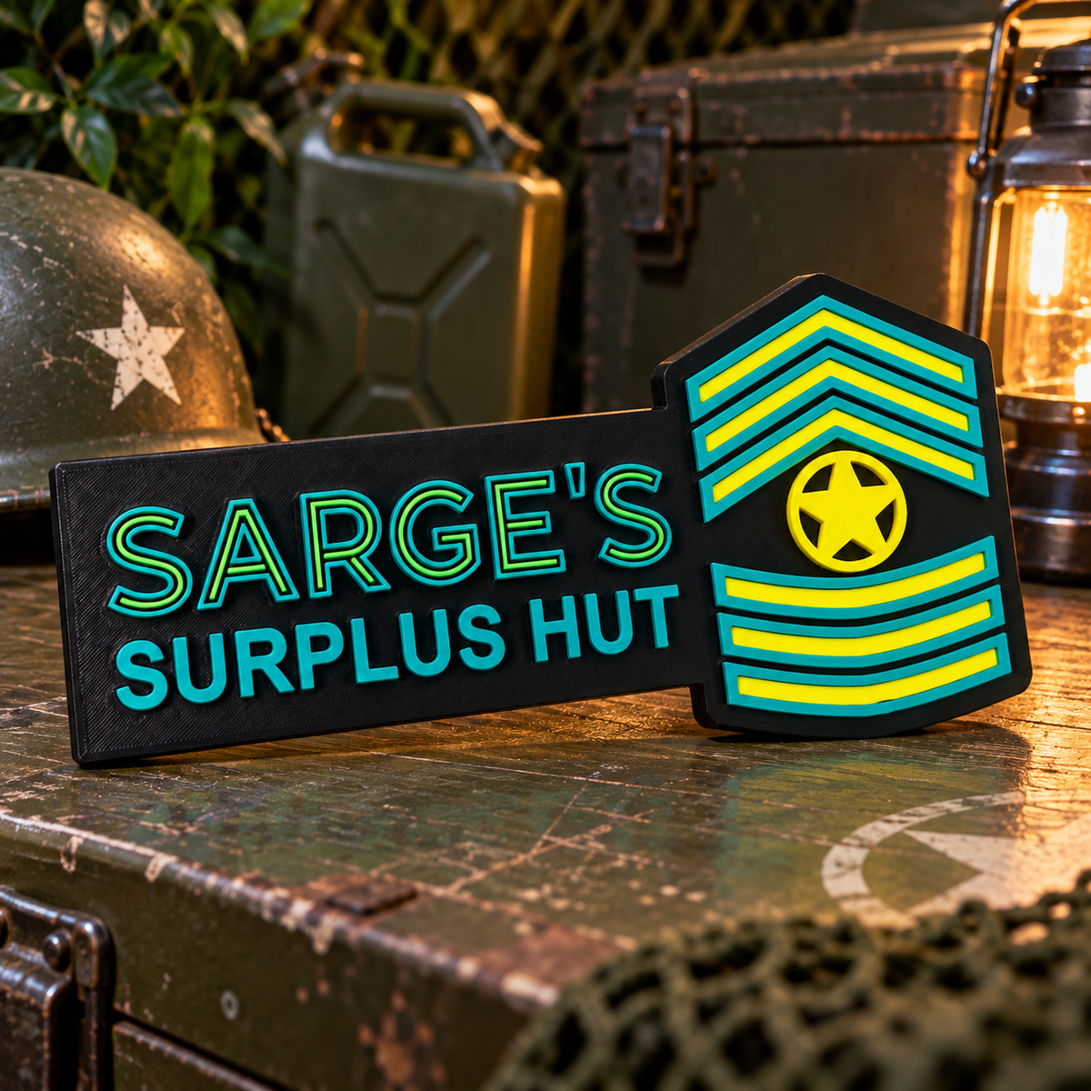 Cars Sarge’s Surplus Hut Inspired 3D Printed Sign themed promotional image
