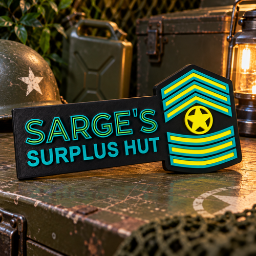 Cars Sarge’s Surplus Hut Inspired 3D Printed Sign themed promotional image