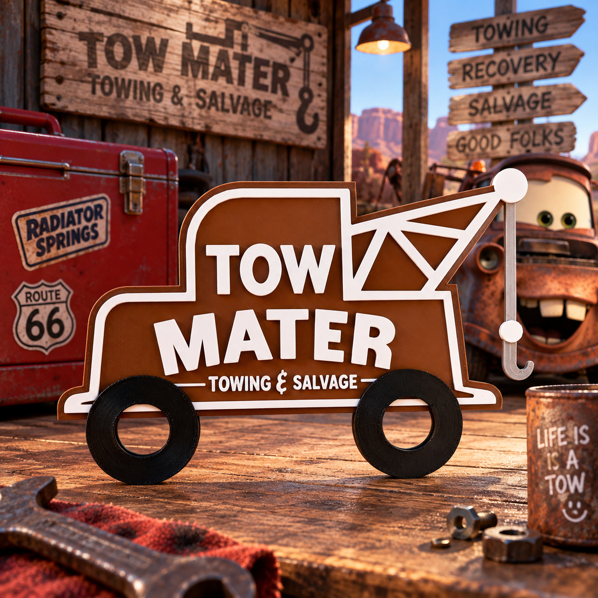 Cars Tow Mater Inspired 3D Printed Sign themed promotional image