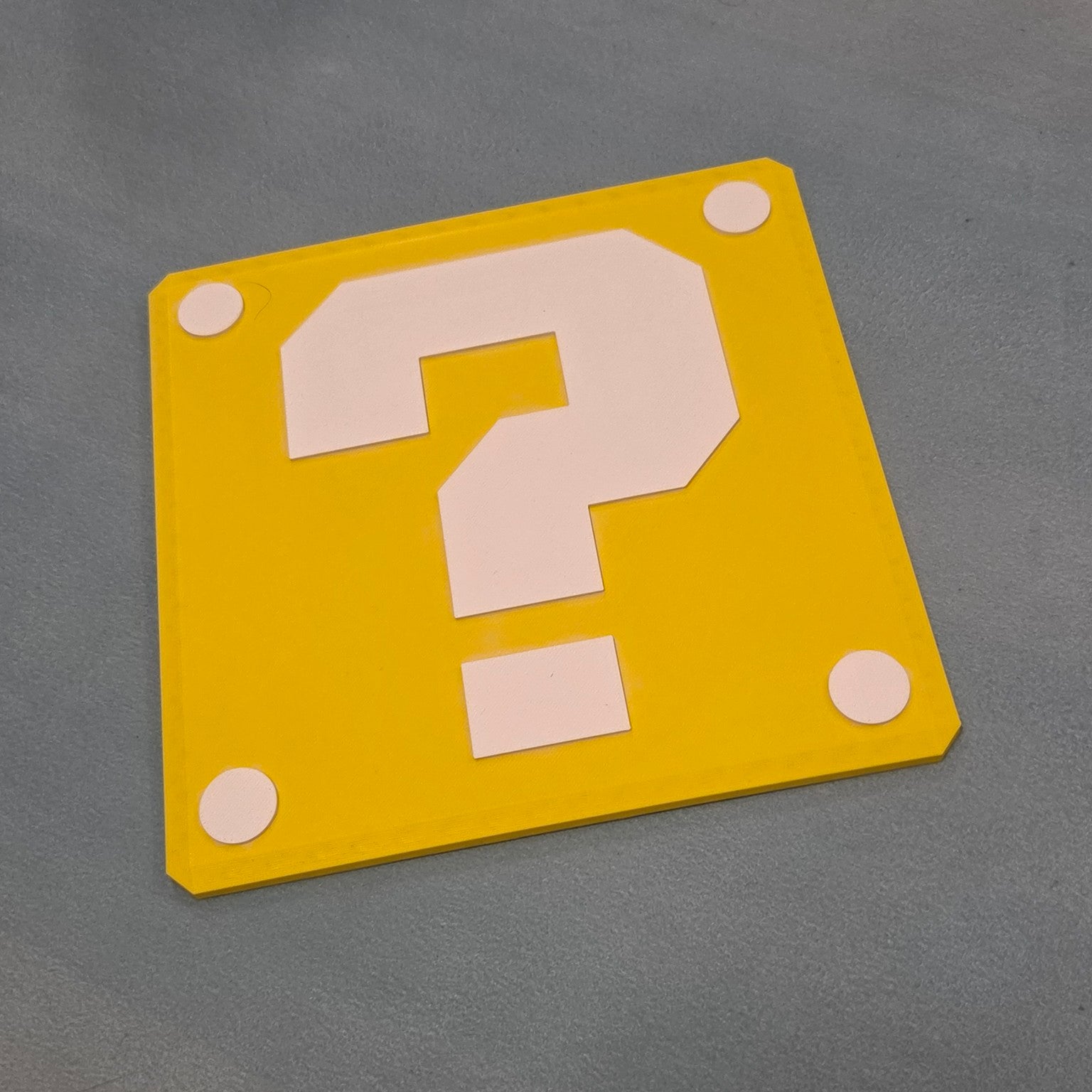 Yellow question block inspired 3D printed sign front view