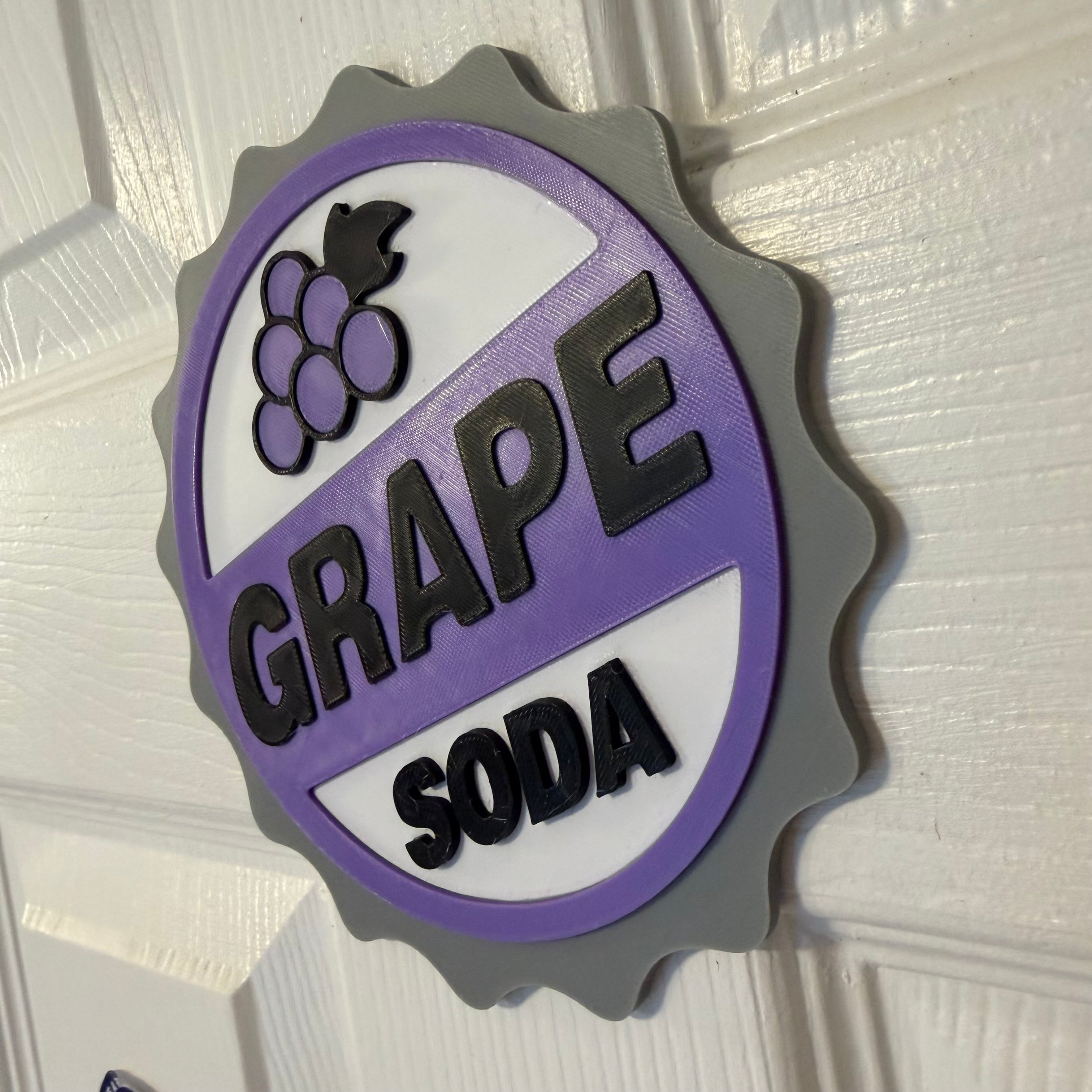 UP Grape Soda badge inspired 3D printed sign angled view
