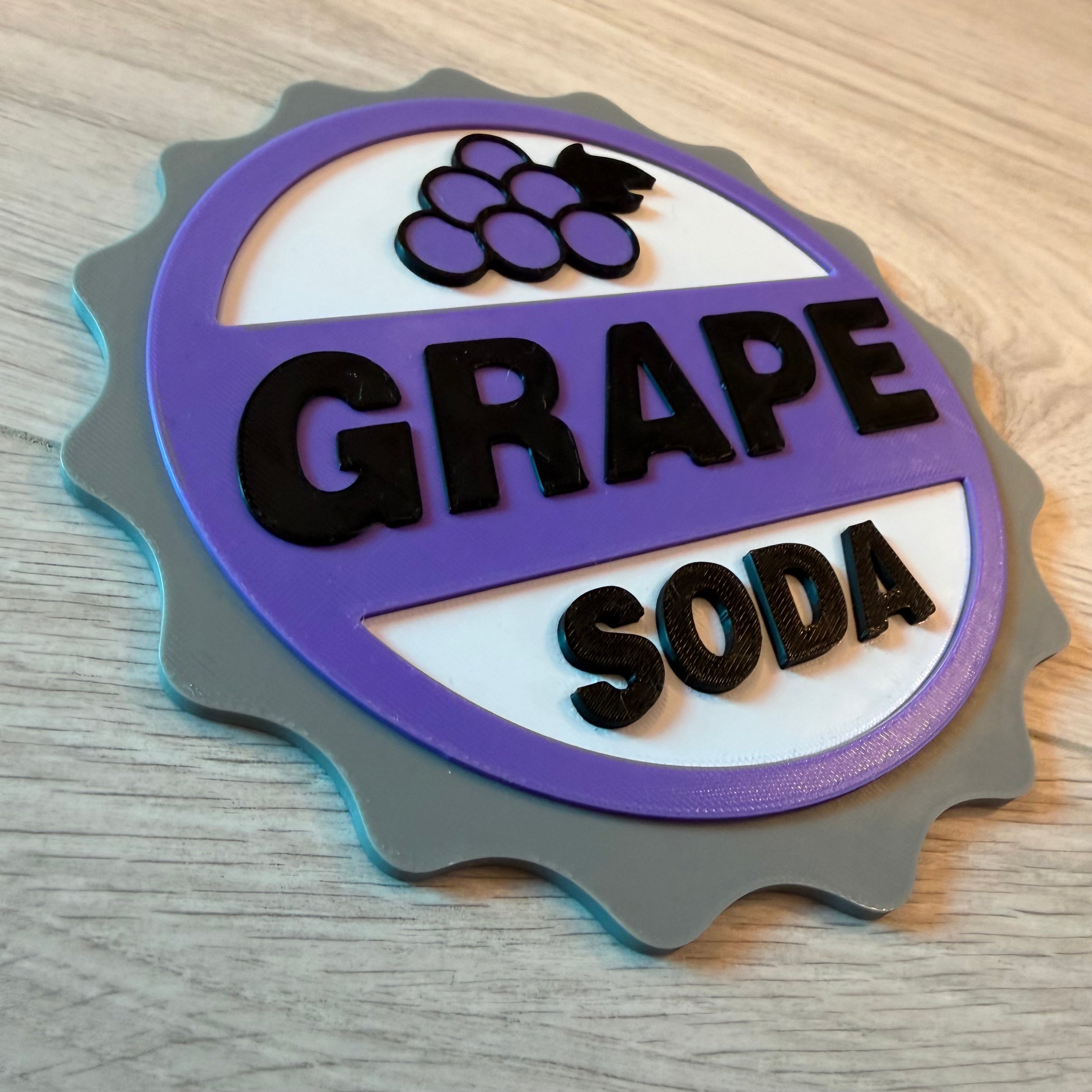 UP Grape Soda badge inspired 3D printed sign low angled view